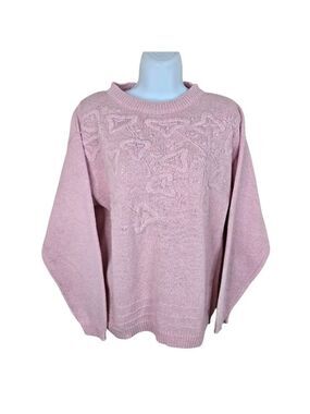 Vintage 80s Pink Knit Sweater Floral Embroidered Pearls Womens M Cotton Coquette